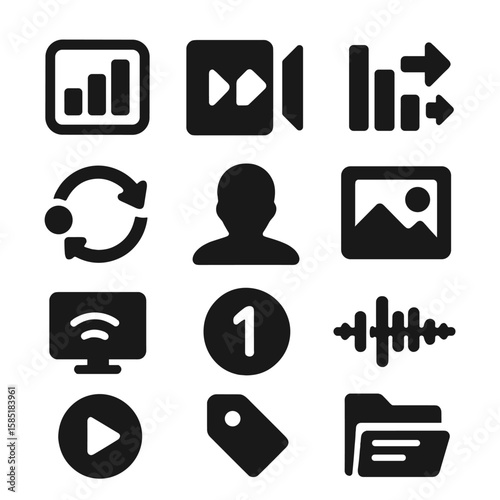 Music Player Icons. Solid style icons of music player interface: visualization toggle icon, gapless playback icon, dynamic range