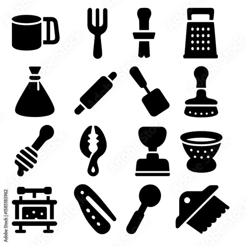 Kitchen Utensil Icons. Solid style icons of kitchen utensils: flour sifter, salad fork, cupcake corer, handheld grater, nut milk