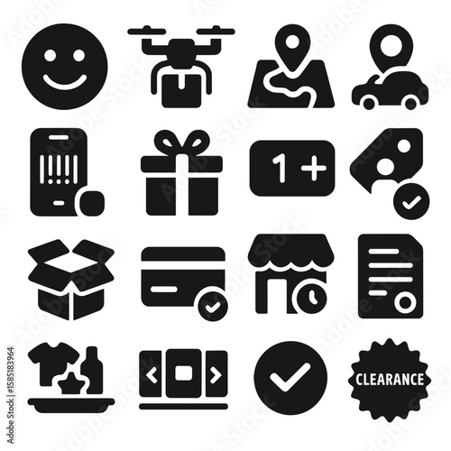 Retail Icons Collection. Solid style icons of shopping and retail: customer satisfaction smiley, delivery by drone symbol, online