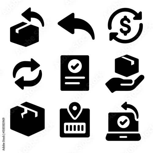 Returns and Refunds Icons. Solid style icons of returns and refunds: return box, arrow back, refund money, exchange icon, return