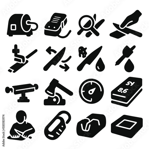 Blade Sharpening Icons. Solid style icons of blade sharpening: electric sharpener with cord, compact pocket sharpener, knife edge