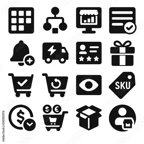 E-commerce Icon Set. Solid style icons of shopping and e-commerce: product catalog icon, checkout flow chart, seller dashboard,