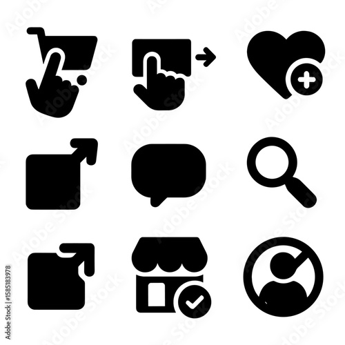 User Interaction Icons. Solid style icons of user interaction: tap to buy, swipe to view, zoom product, add to wishlist, share