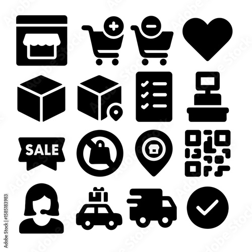 Solid Retail Icons. Solid style icons of shopping and retail: online store window, add to cart button, remove from cart icon,