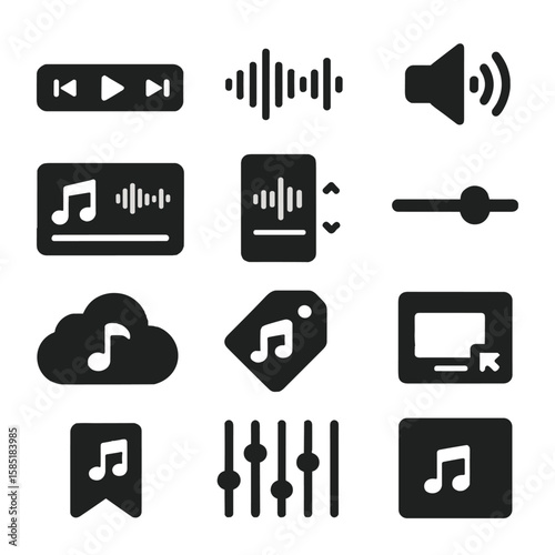 Music Player Icons. Solid style icons of music player interface: floating control bar, waveform sync alignment, volume level