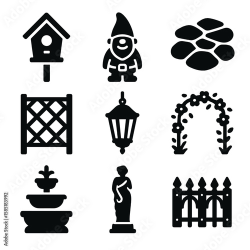 Garden Decor Icons. Solid style icons of garden decor: birdhouse, garden gnome, stone path, wooden trellis, hanging lantern,