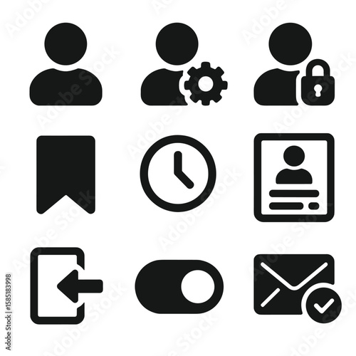 User Account Icons. Solid style icons of user accounts: profile avatar, user settings, password lock, saved items, order history,