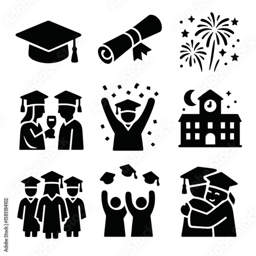 Graduation Celebration Icons. Solid style icons of graduation celebration: graduation cap, diploma scroll, fireworks backdrop,