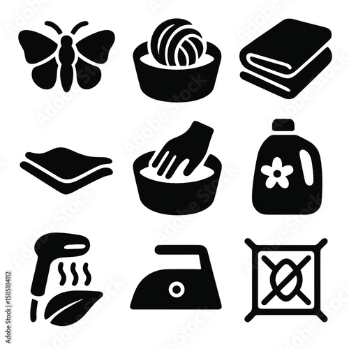 Luxury Fabric Care Icons. Solid style icons of luxury fabric care: silk icon, cashmere wash, satin fold, dry flat, hand rinse,