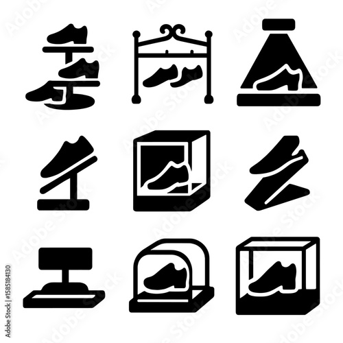 Shoe Display Icons. Solid style icons of shoe display: rotating stand, boutique rack, shelf spotlight, single shoe stand, mirrored