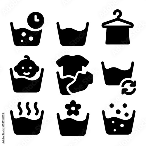 Washing Program Icons. Solid style icons of washing programs: quick wash, heavy soil, delicates, baby care, sportswear cycle,