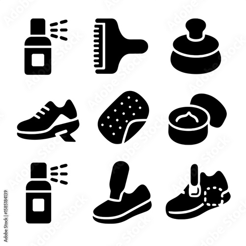 Shoe Care Icons. Solid style icons of everyday shoe care: daily clean spray, quick brush, shoe puff, midsole wipe, odor pad, soft