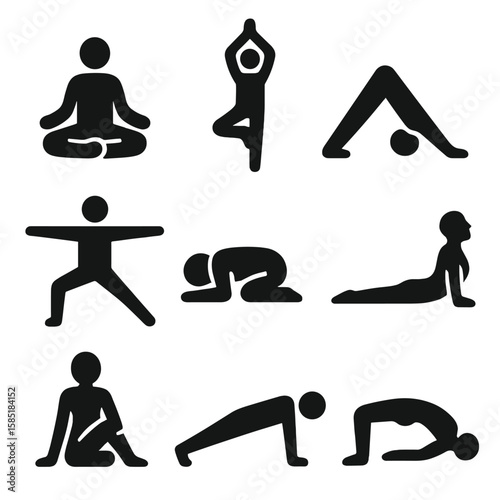 Yoga Poses Icons. Solid style icons of yoga poses: lotus pose, tree pose, downward dog, warrior pose, child’s pose, cobra pose,
