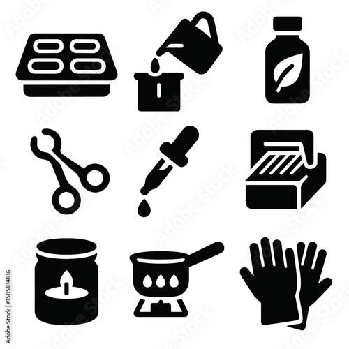 Soap and Candle Icons. Solid style icons of soap and candle making: soap mold, wax pour, essential oil, wick cutter, fragrance