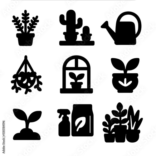 Cozy Indoor Plant Icons. Solid style icons of cozy indoor plants: potted fern, cactus shelf, watering can, hanging plant, plant in