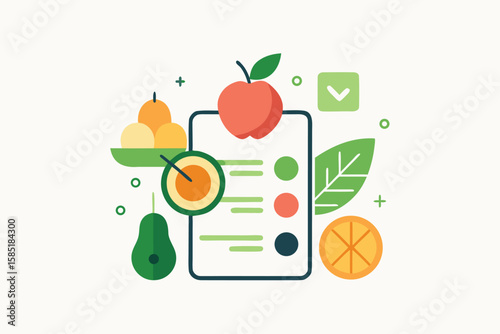 Healthy eating concepts illustrated with fruits and vegetables and checklist for dietary planning