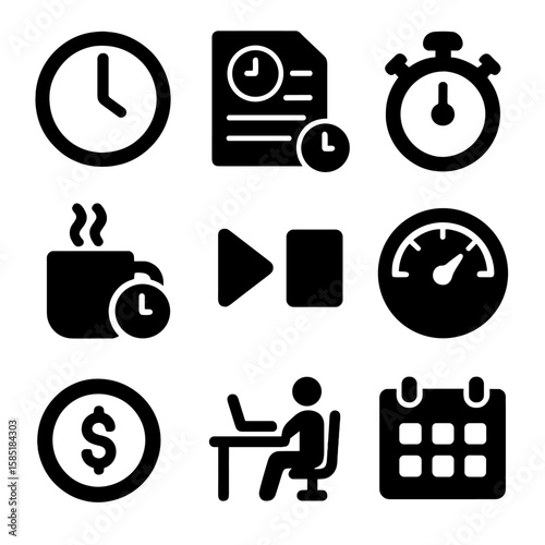 Time Tracking Icons. Solid style icons of time tracking tools: clock icon, timesheet, stopwatch, break timer, start/stop button,