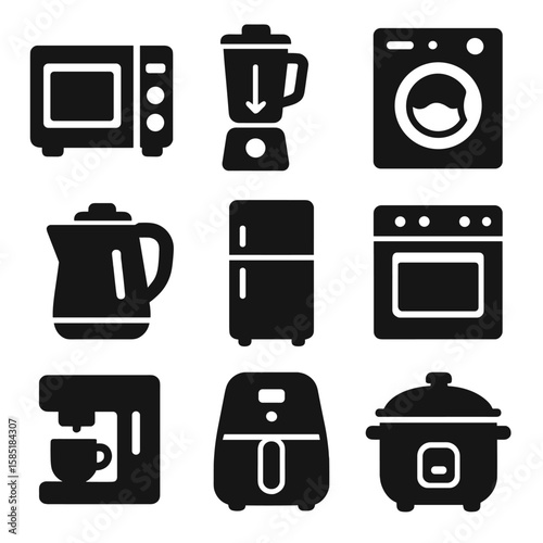 Home Appliance Icons. Solid style icons of home appliances: microwave icon, blender, washing machine, electric kettle,