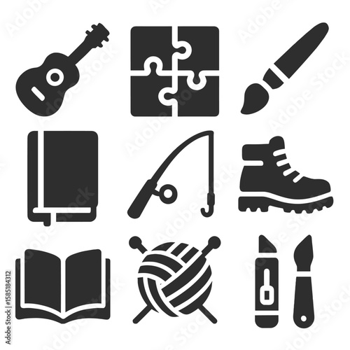 Hobby Icons Collection. Solid style icons of hobby and leisure: guitar icon, puzzle board, painting brush, journal notebook,