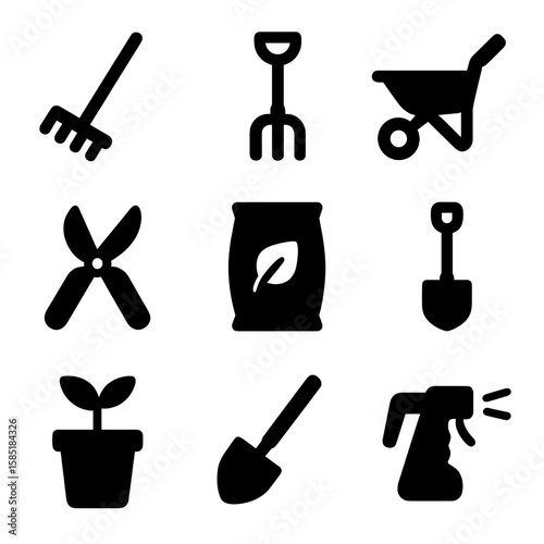 Gardening Tool Icons. Solid style icons of gardening tools: rake icon, garden fork, wheelbarrow, pruning scissors, compost bag,
