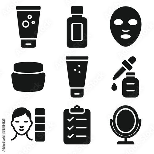 Skincare Routine Icons. Solid style icons of skincare routine: cleansing foam, toner bottle, face mask, moisturizer jar, exfoliant