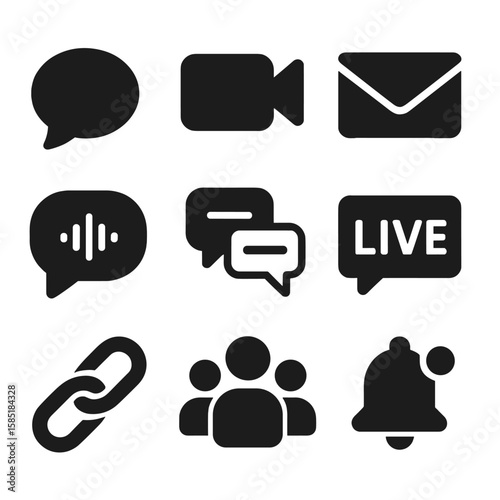 Communication Icons Collection. Solid style icons of communication channels: direct message, video call, email icon, audio message