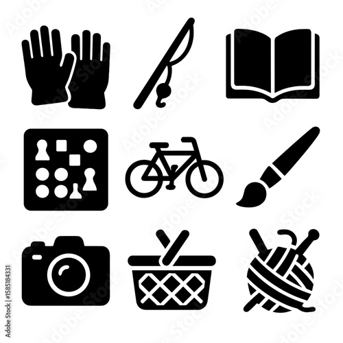 Weekend Hobby Icons. Solid style icons of weekend hobbies: gardening gloves, fishing rod, book icon, board game, bicycle icon,