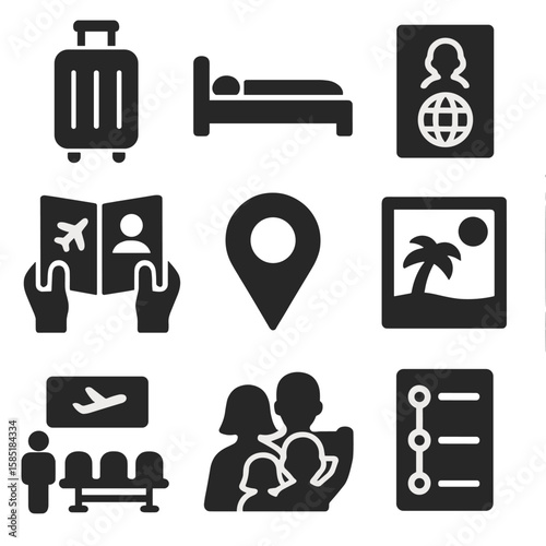 Family Vacation Icons. Solid style icons of family vacation: packed suitcase, hotel bed, child passport, travel guide, map pin,
