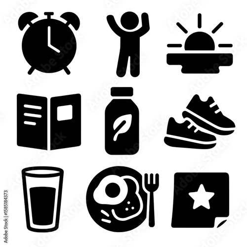 Morning Routine Icons. Solid style icons of morning habits: alarm clock, stretch icon, sunrise view, daily journal, smoothie