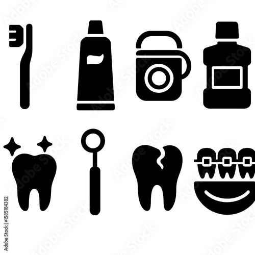 Dental Hygiene Icons. Solid style icons of dental hygiene: toothbrush icon, toothpaste tube, floss icon, mouthwash bottle, clean