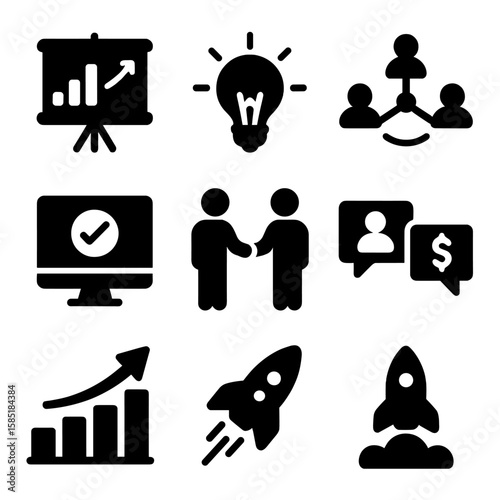 Startup Ecosystem Icons. Solid style icons of startup ecosystem: pitch deck, business idea, innovation icon, networking event, MVP