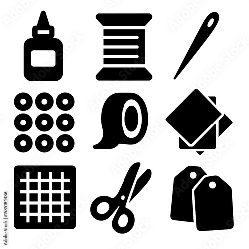Craft Supplies Icons. Solid style icons of craft supplies: glue bottle, thread spool, needle icon, bead set, washi tape, colored