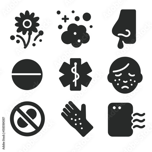 Allergy Awareness Icons. Solid style icons of allergy awareness: pollen icon, dust particle, antihistamine pill, runny nose,