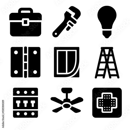 Household Maintenance Icons. Solid style icons of household maintenance: toolbox icon, pipe wrench, lightbulb icon, ceiling fan,