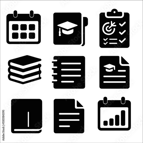 Academic Planning Icons. Solid style icons of academic planning: calendar icon, subject tab, study goals, test schedule, reading
