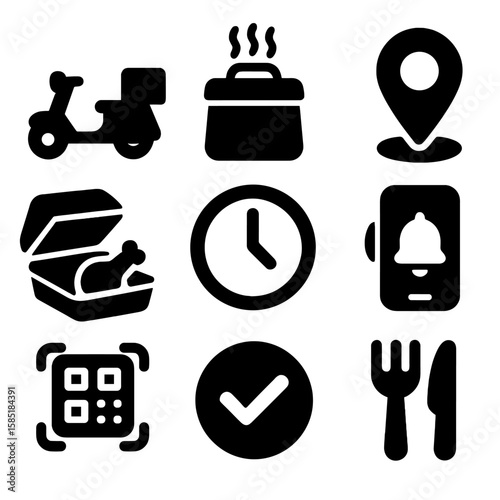 City Food Delivery Icons. Solid style icons of city food delivery: delivery scooter, hot bag, location tracker, meal box, ETA