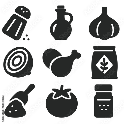 Cooking Ingredients Icons. Solid style icons of cooking ingredients: salt shaker, olive oil bottle, garlic bulb, sliced onion, raw