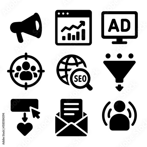 Digital Marketing Icons. Solid style icons of digital marketing: campaign megaphone, social stats, ad placement, SEO icon, target