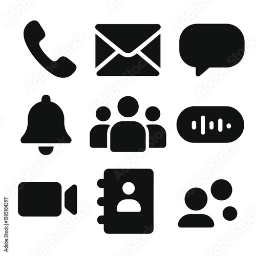Communication Icons Set. Solid style icons of daily communication: phone icon, email envelope, chat bubble, message bell, group