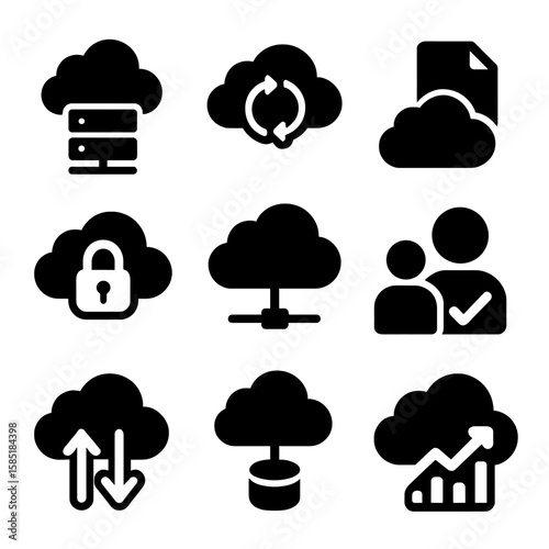 Solid Cloud Icons. Solid style icons of cloud computing: server cloud, file sync, online backup, cloud lock, virtual server,