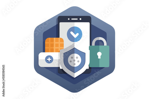 Illustration depicting smartphone security with shield padlock and checkmark symbol for secure digital transactions.
