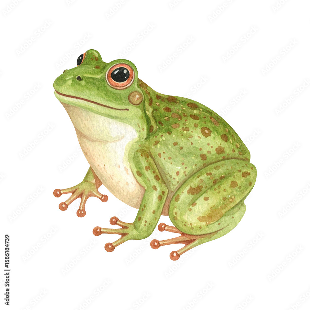 Obraz premium Vivid Frog Illustration: A captivating illustration of a vibrant green frog, intricately detailed with delicate brushstrokes and a touch of artistry, brings a sense of wonder to any collection.