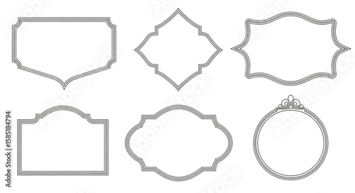 Six unique decorative frames with double line borders in various shapes on a white background design element