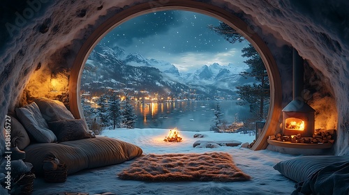 A cozy Lofi igloo interior with a fur rug, a small fire, and a view of the snowy landscape through the entrance under a starry night sky,