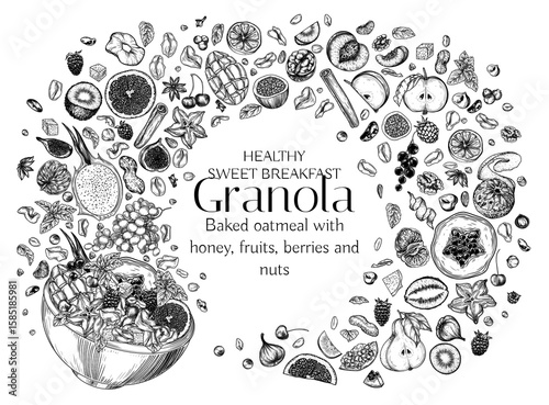 Vector illustration of a portion of granola with falling ingredients. Oatmeal with nuts, berries and fruits. Healthy breakfast banner. Cafe card