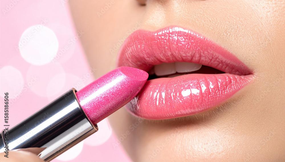Obraz premium Lipstick: A model applies shiny pink lipstick for perfect looking lips.
