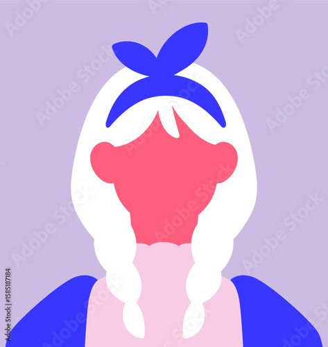 Cute girl, abstract portrait. Young female with headband accessory, braids. Faceless character, minimalistic stylish avatar, modern poster with woman, user profile. Flat vector illustration