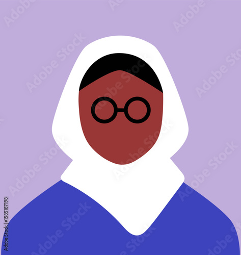 Abstract portrait, black woman in hijab. Faceless African female character in headscarf, glasses. Muslim Arab person in eyeglasses, minimalistic avatar, poster, modern style. Flat vector illustration