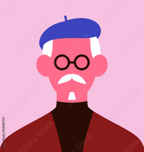Senior man in French beret and glasses, head portrait. Gray-haired old male c...