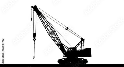 A silhouette of a crawler crane with boom extended and hook hanging against a white background space area